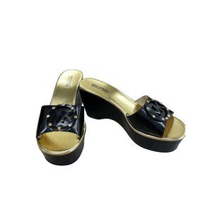 Michael Kors Womens Black Gold Leather Slip On Wedge Sandals Size 7M SKU 8488